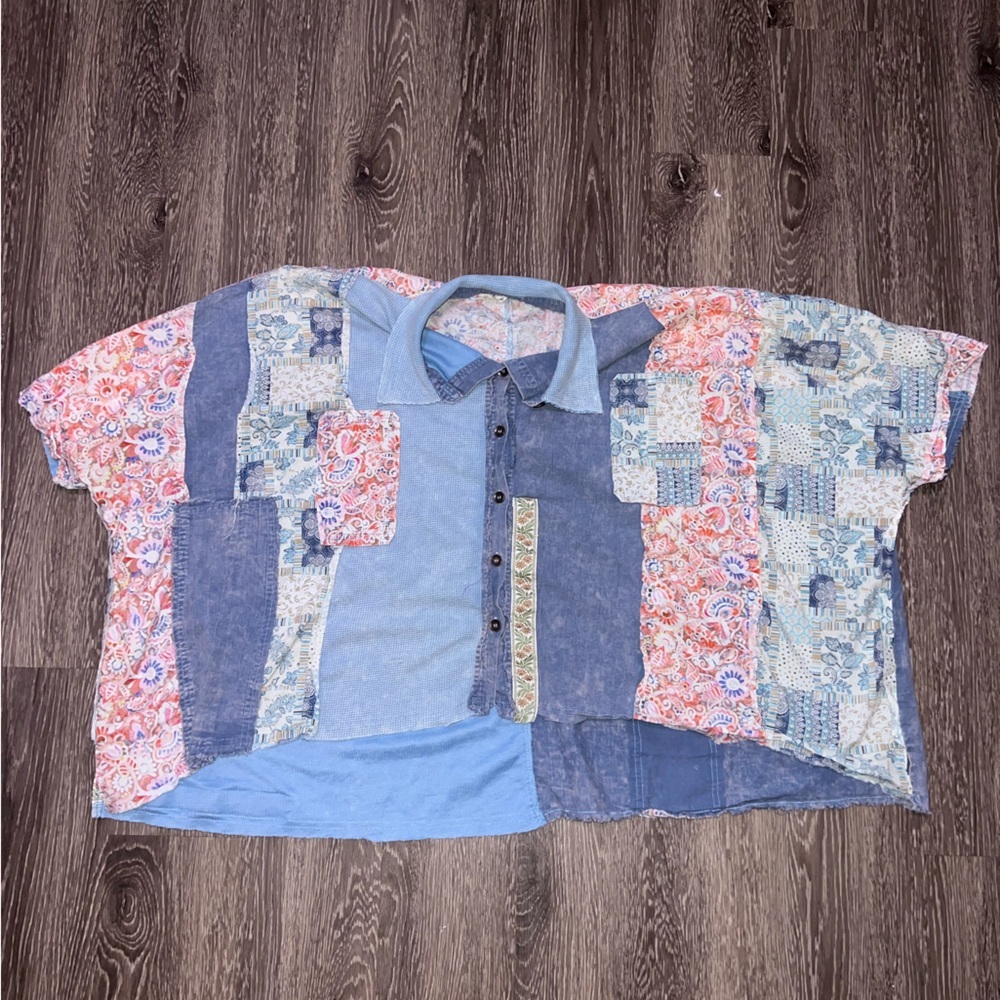 Patchwork Denim Button-Up Top - image 2